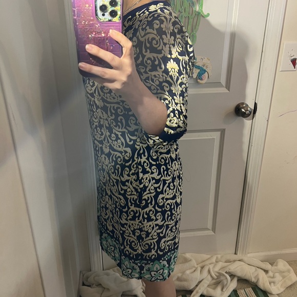 LUXOLOGY DRESS BEAUTIFUL PRINT ROLL TAB SLEEVE POCKETS 10 GREAT FIT BLUE GREEN - Picture 4 of 11